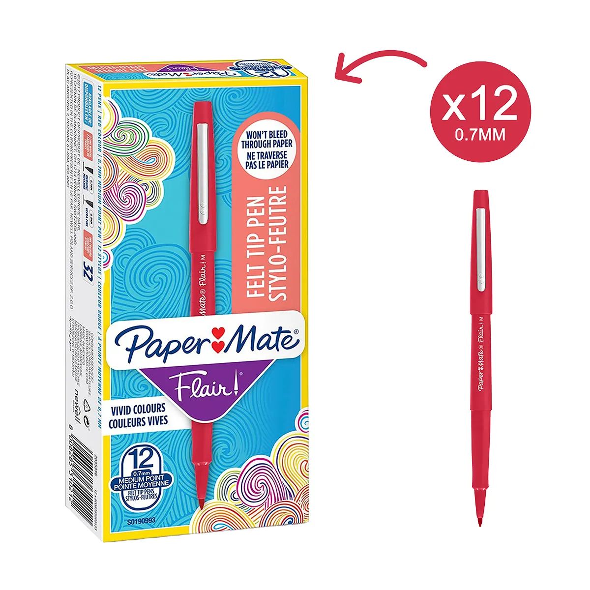 Stylo feutre Paper Mate Flair Rouge, feutre fin pointe moyenne 0,7mm - Pack de 12 - Stylos feutres-2