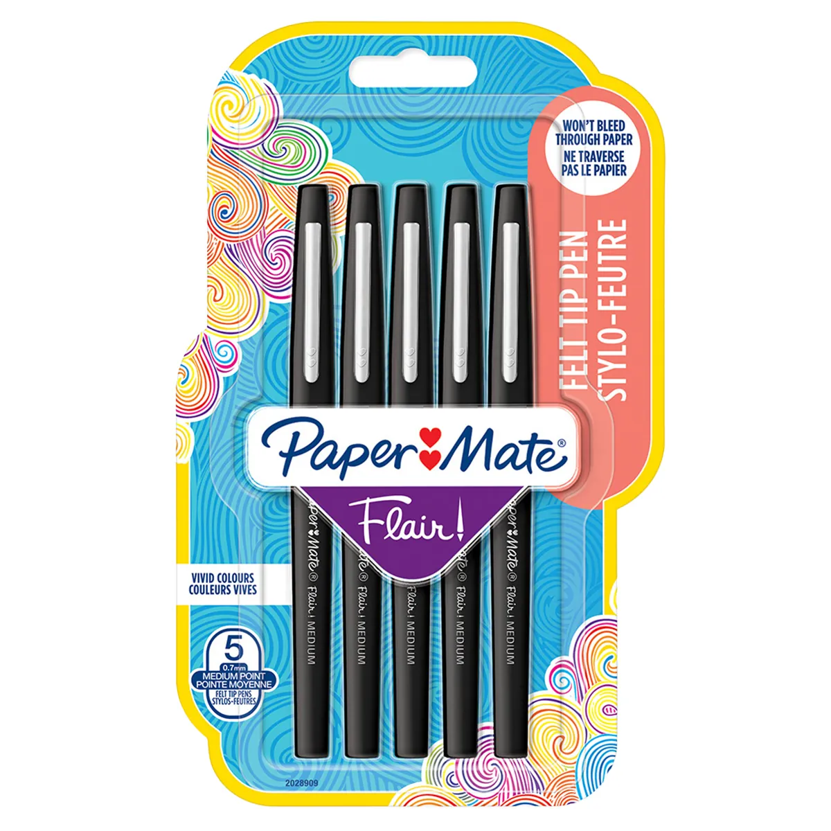 Stylo feutre Paper Mate Flair Noir, feutre fin pointe moyenne 0,7mm - Pack de 5 - Stylos feutres-2