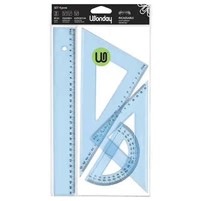 Set de Traçage Plastique Incassable Wonday Bleu Translucide - 4 pièces - Règles et traces lettres