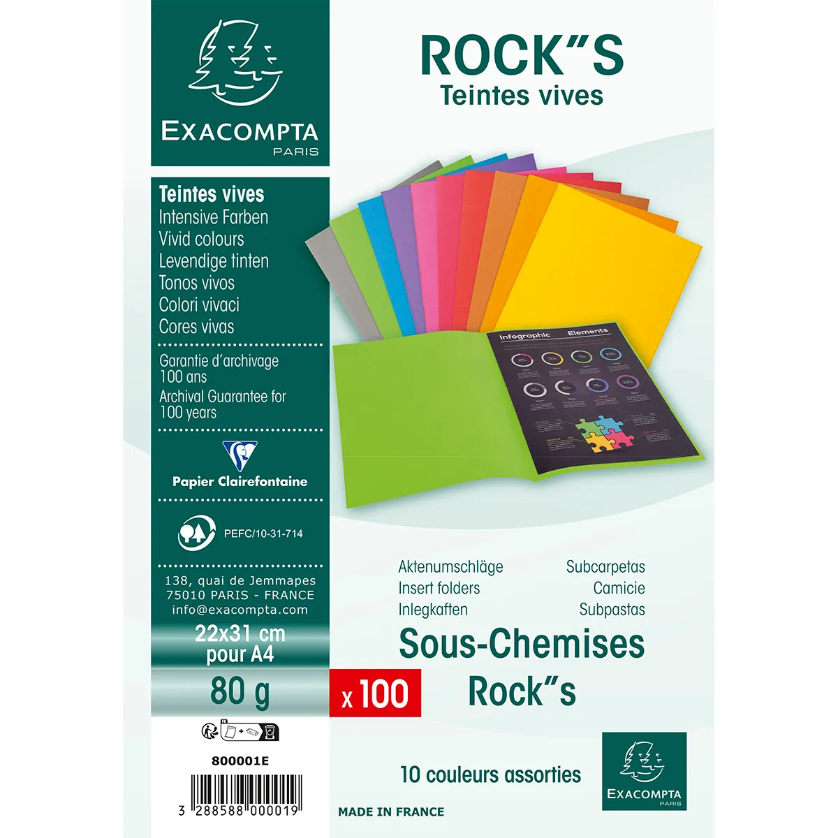 Sous-chemise 22x31cm 80g Rock's 80 Exacompta - 10 couleurs vives - Paquet de 100 - Chemises à élastique, Chemises dossier-4