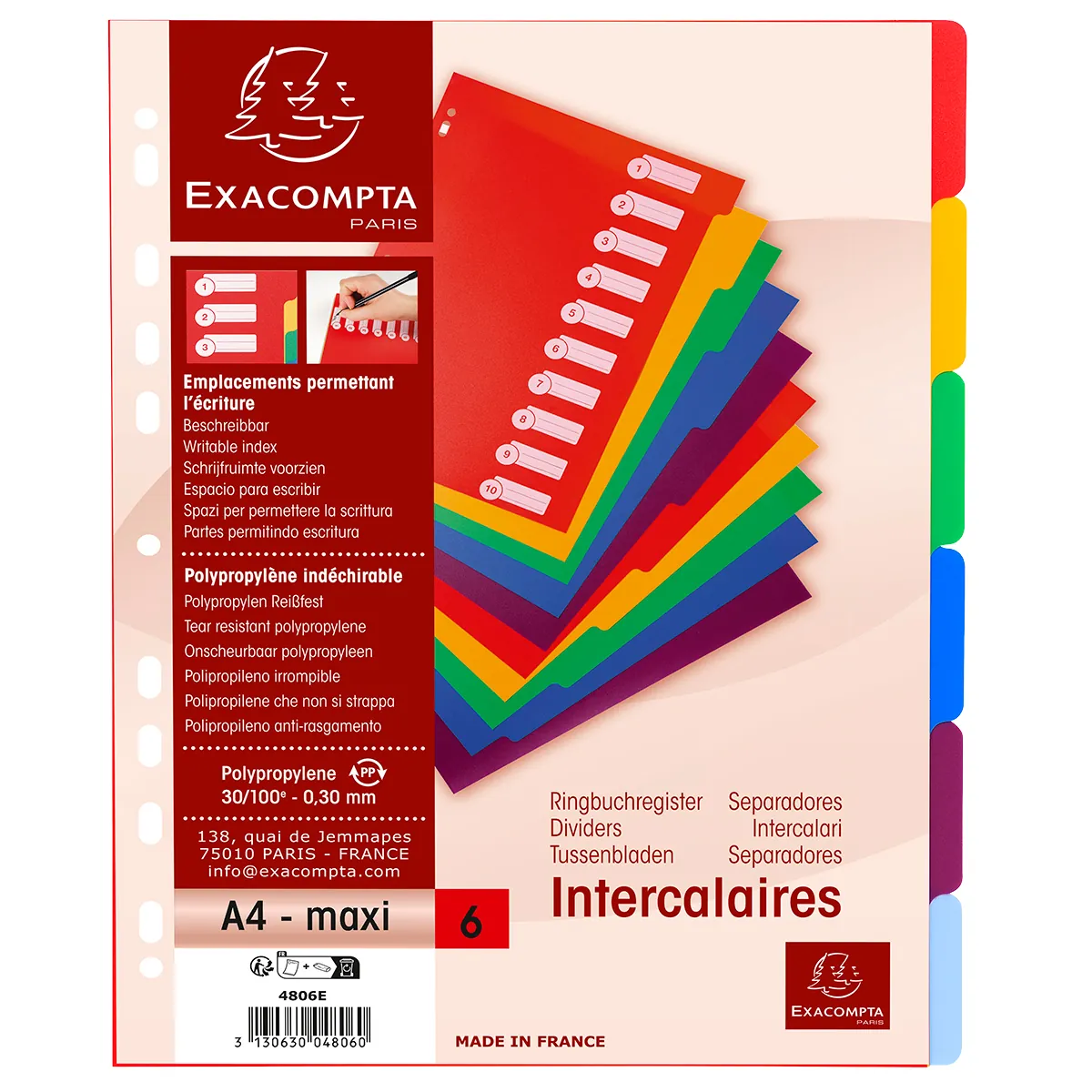 Intercalaires A4 maxi 6 positions Onglets inscriptibles Polypropylène Opaque Semi-Rigide - Exacompta - Intercalaires classeur, Trieurs documents-2