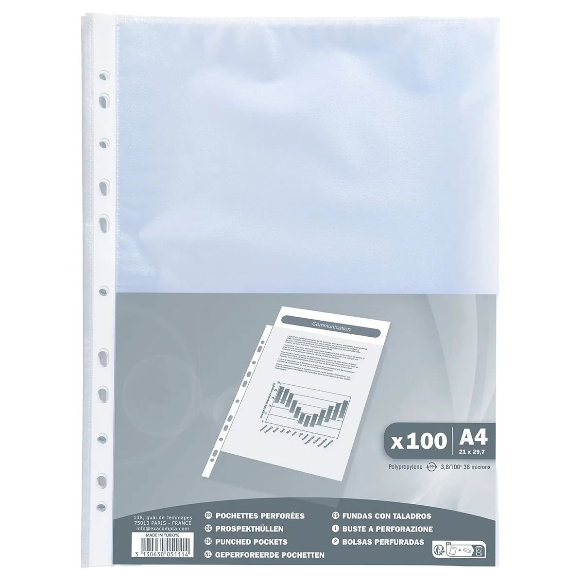 Pochette perforée transparente A4 polypropylène grainé 4/100 Exacompta - Paquet de 100 - Protèges-documents, Porte-vues