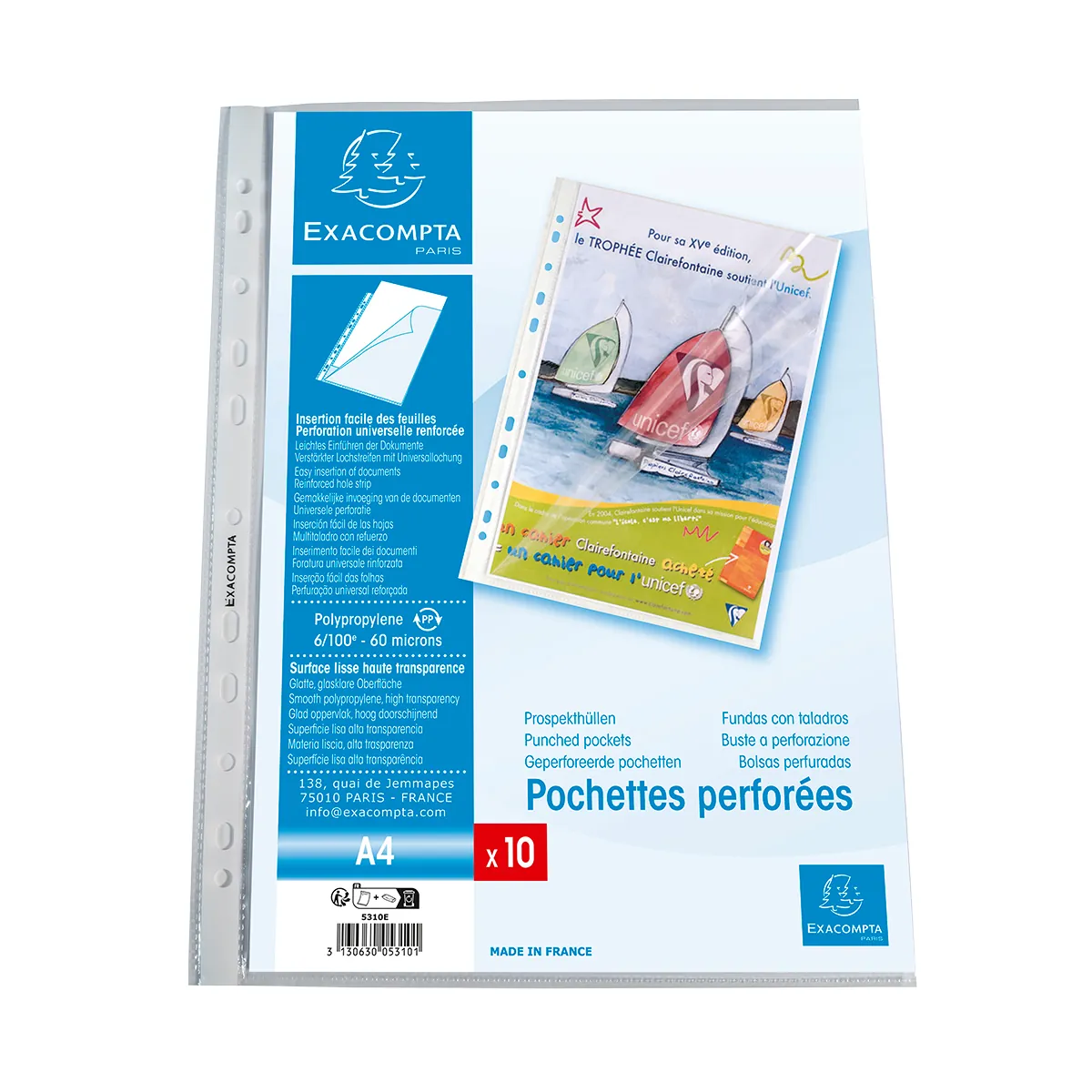 Pochette perforée transparente A4 polypropylène lisse cristal 6/100e ouverture en coin Exacompta - Lot de 10 - Protèges-documents, Porte-vues-1