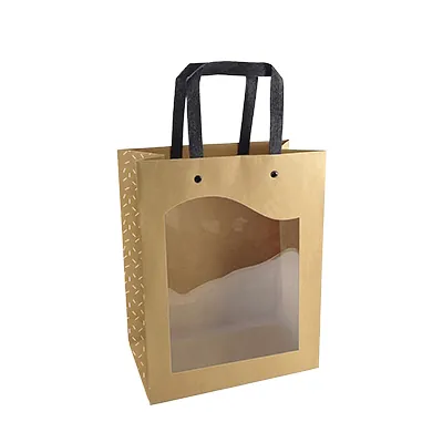 Sac kraft brun à fenêtre et poignées noires – L 11 x P 8 x H 14 cm – Paquet de 10 - Sacs kraft à fenêtre
