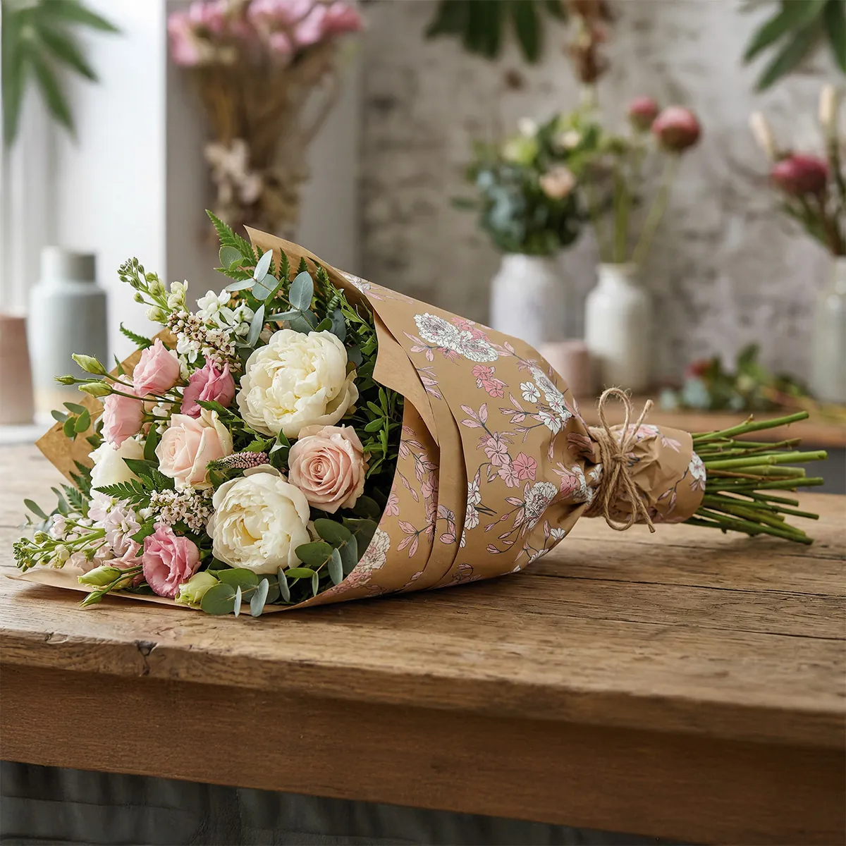 Papier cadeau kraft brun Boudoir 2 fleurs blanc/rose 70 cm x 50 m 60 g/m² – le rouleau - Papiers cadeaux kraft à motifs-2