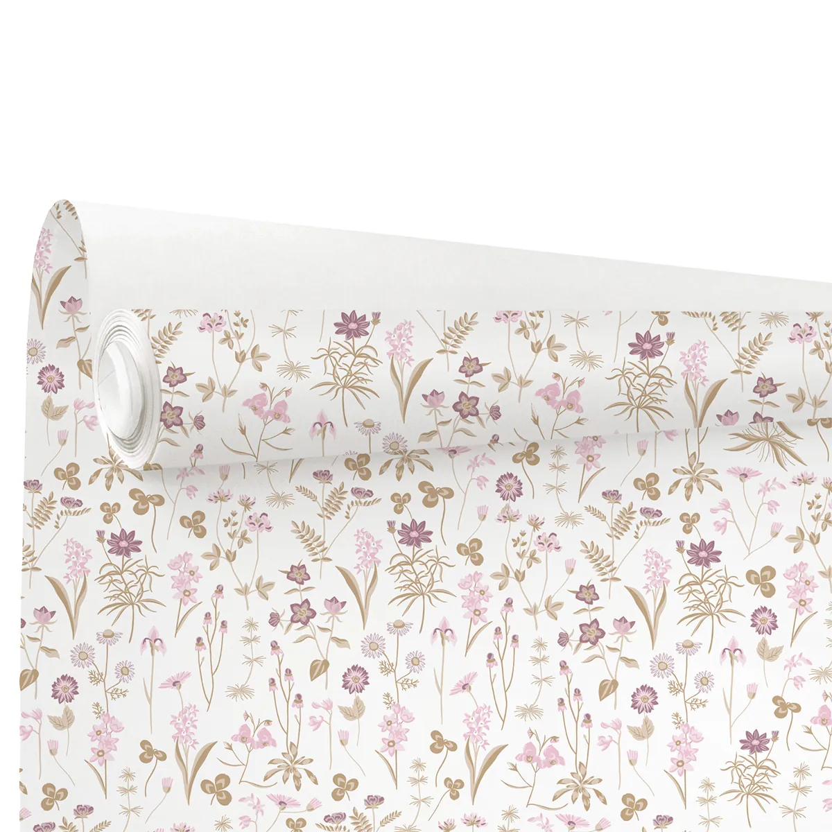 Papier cadeau kraft blanc vergé Ysée fleurs blanc/rose 70 cm x 50 m 60 g/m² – le rouleau - Papiers cadeaux kraft à motifs