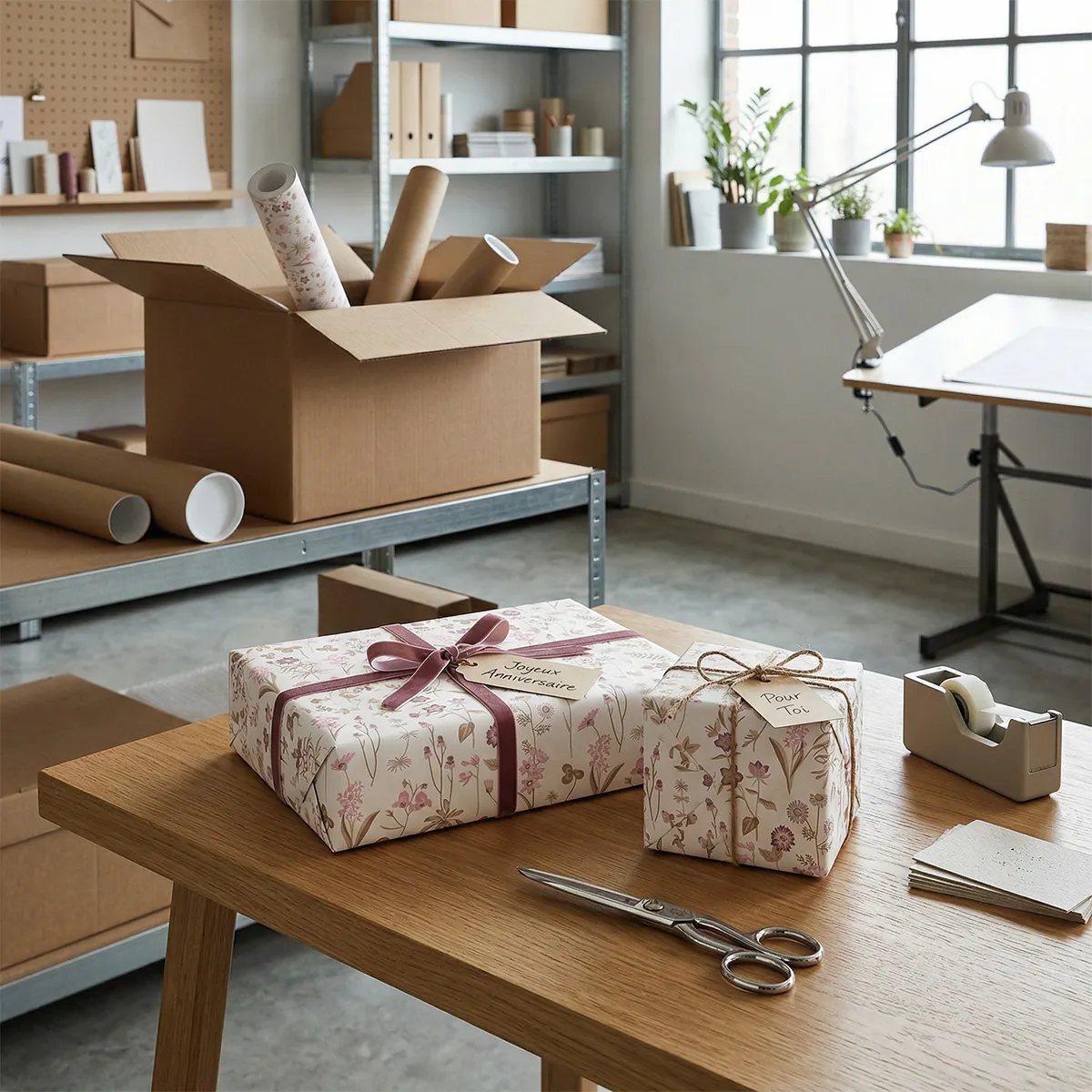 Papier cadeau kraft blanc vergé Ysée fleurs blanc/rose 70 cm x 50 m 60 g/m² – le rouleau - Papiers cadeaux kraft à motifs-1