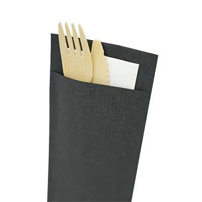 Pochette à couverts noire + serviette blanche 20 x 8,5 cm – Lot de 500 - Serviettes en papier-2