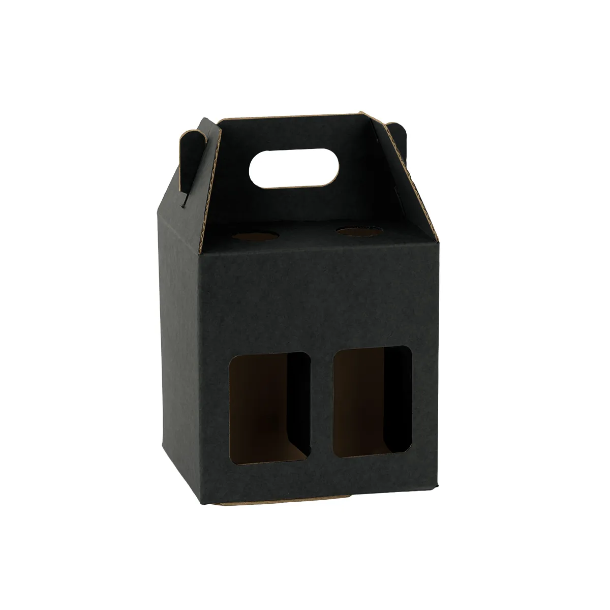Étui 4 bières kraft noir à fenêtre avec poignée 13x13x21cm - Lot de 30 - Mètres de bières, Emballages pour bouteilles de bières