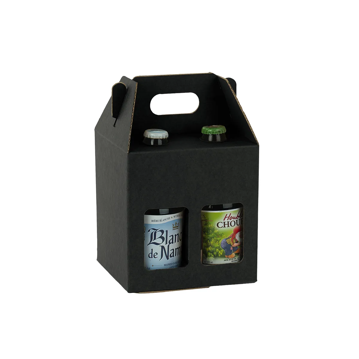 Étui 4 bières kraft noir à fenêtre avec poignée 13x13x21cm - Lot de 30 - Mètres de bières, Emballages pour bouteilles de bières-1