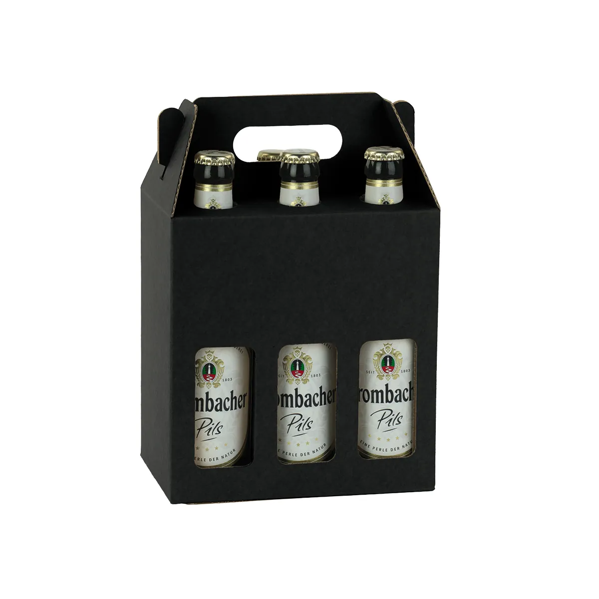 Étui bouteilles bière noir à fenêtre poignée 19x13x21cm – 6 bouteilles – Paquet de 30 - Mètres de bières, Emballages pour bouteilles de bières-1