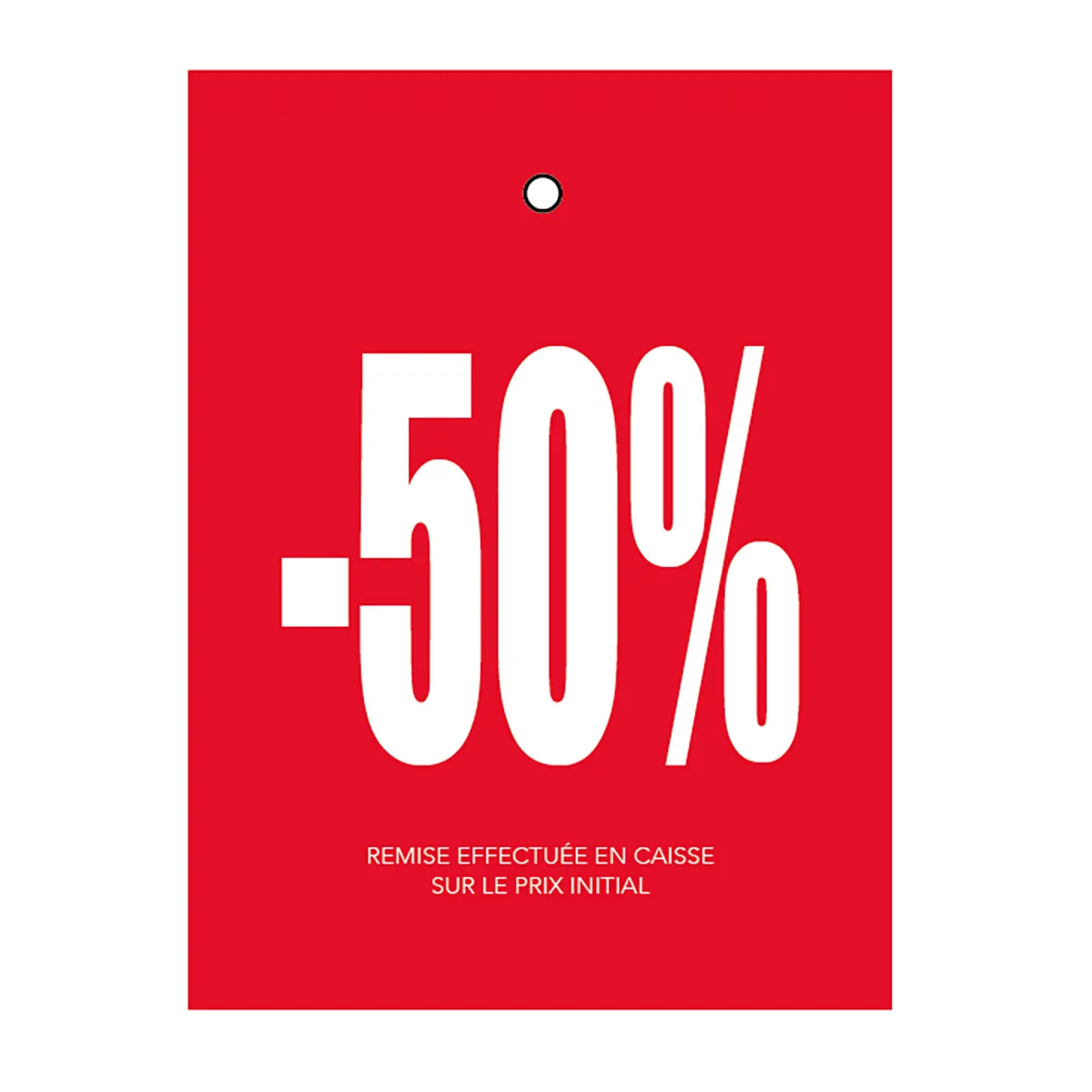 Etiquette à trou -50% rouge/blanc 50x70mm carton 200g - Lot de 250 - Etiquette Soldes - Étiquettes Soldes