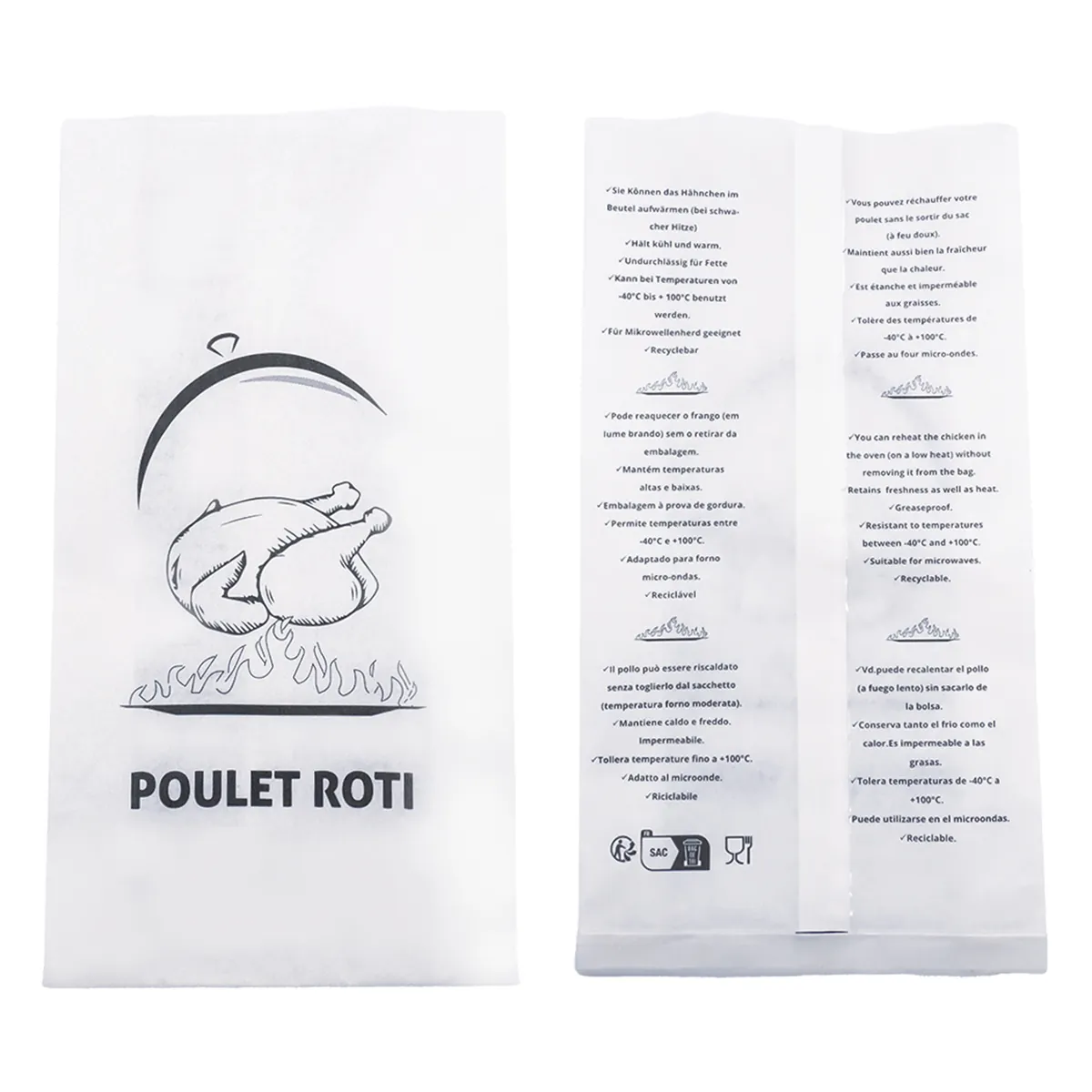 Sachet poulet rôti ingraissable papier kraft 18 + 6,5 x 35 cm – Blanc – Sac Poulet - Carton de 500 - Films, papiers ingraissables et sachets papier alimentaires