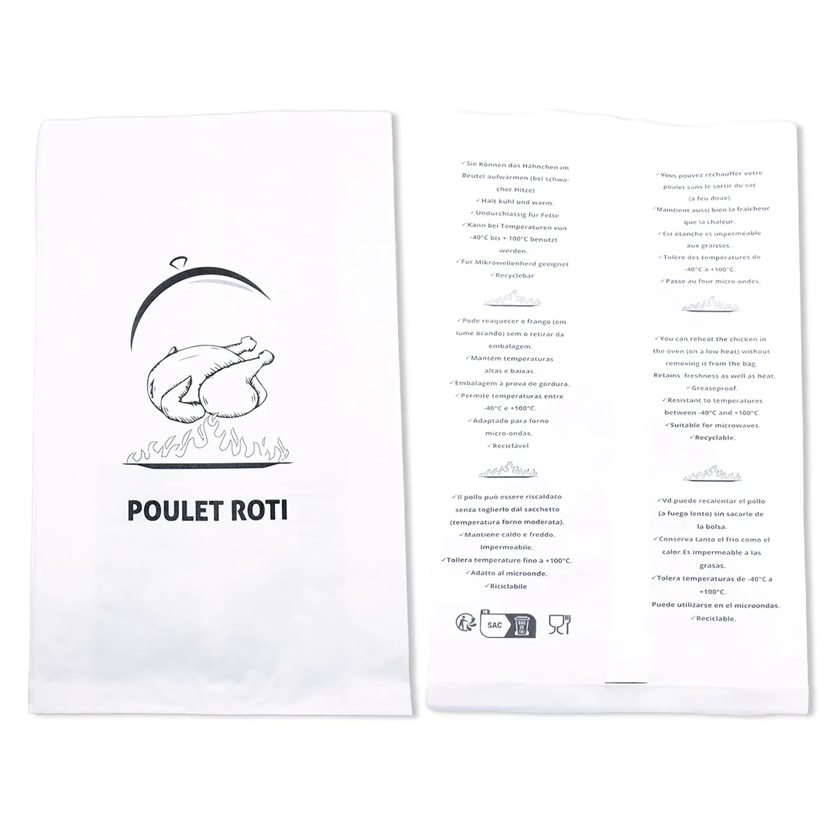 Sachet poulet rôti ingraissable papier kraft 25 + 7,5 x 41 cm – Blanc – Sac Poulet - Carton de 500 - Films, papiers ingraissables et sachets papier alimentaires