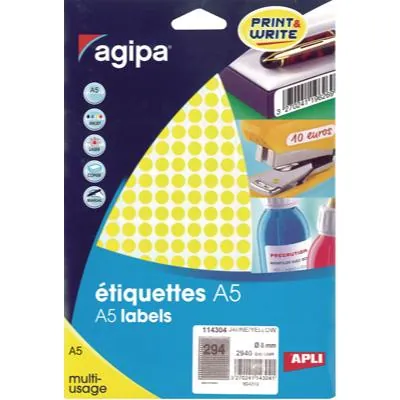 Pastille adhésive permanente Jaune fluo ø 8 mm Agipa - Pastille de signalisation - Étui de 2940 - Gommettes de couleur