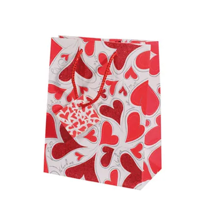 Sac cadeau papier pelliculé coeurs rouges 11 x 6 x 13,7 cm - Sac Saint Valentin - Lot de 20 - Sacs pelliculés à motifs