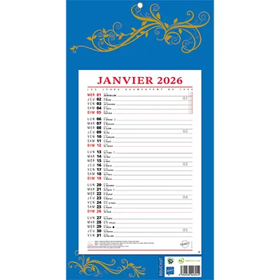 Calendrier bloc mensuel 2026 bleu 19x36 cm - recyclable, origine France garantie - Calendriers professionnels
