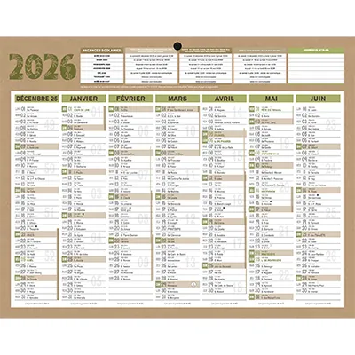Calendrier semestriel mural 2026 Natura - 21 x 26,5 cm - 7 mois recto verso - 100 % recyclable et recyclé - congés scolaires, fêtes, lunaisons - Origine France Garantie - Calendriers professionnels