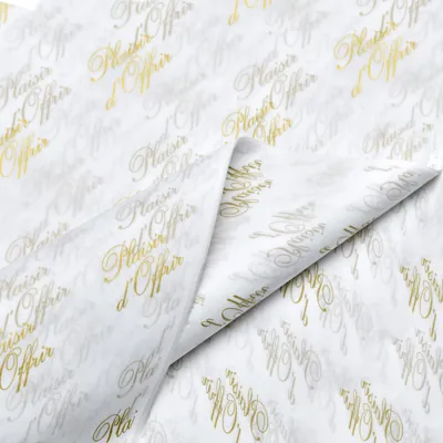 Papier de soie blanc imprimé or Plaisir d'offrir 18g/m² 50 x 75 cm, 120 feuilles - Papiers de soie-1