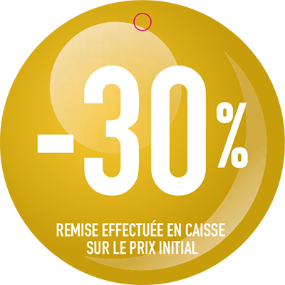 Etiquette ronde -30% ø 50 mm avec trou - Etiquette Soldes - Paquet de 100