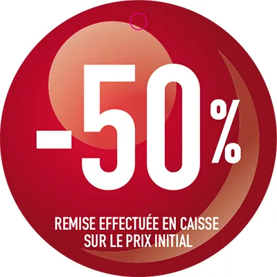 Etiquette ronde -50% ø 50 mm avec trou - Etiquette Soldes - Paquet de 100