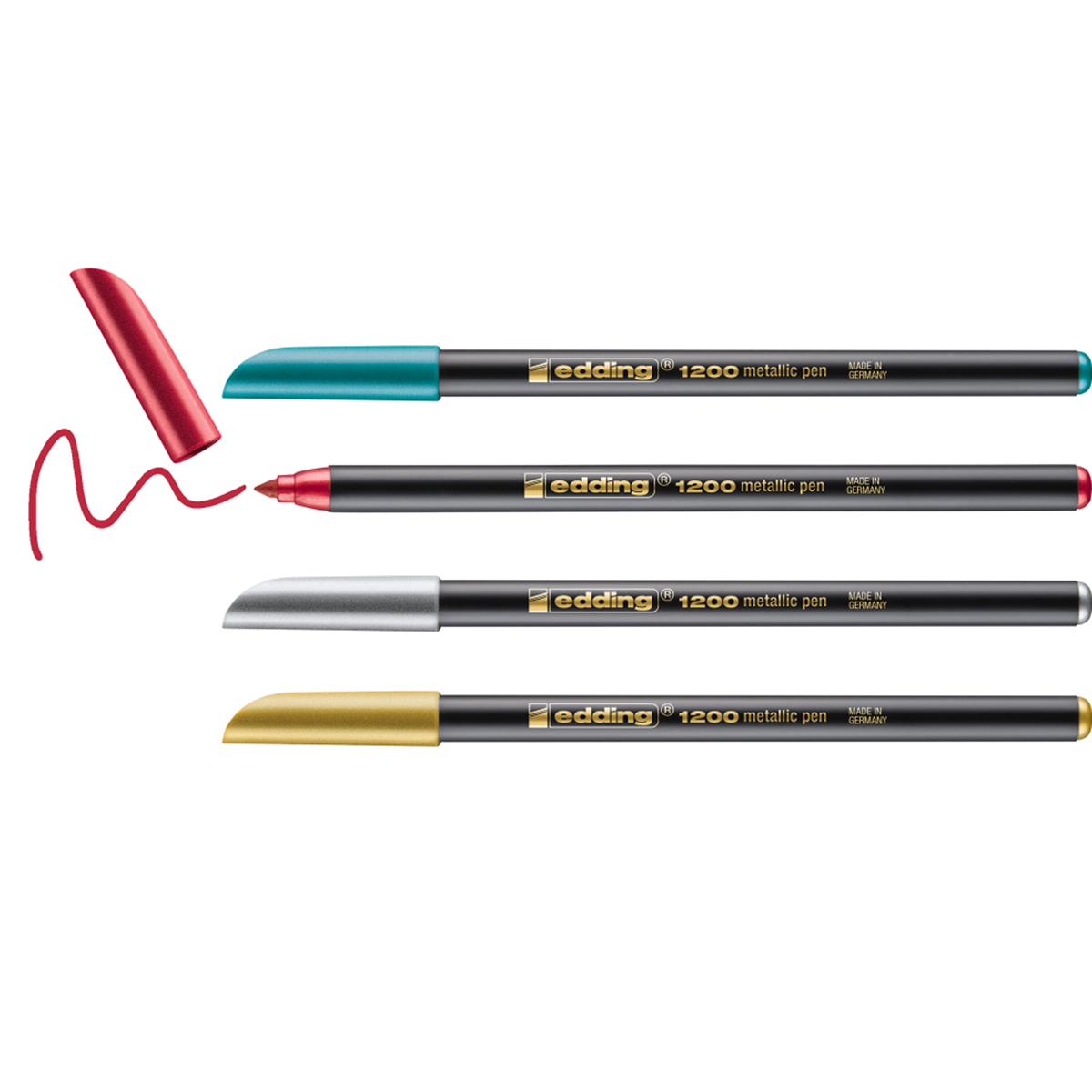 Lot 4 Feutres métalliques or / argent / rouge / bleu, pointe ogive 1 à 3 mm. 