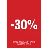 Etiquette à trou -30% rouge blanc 50x70mm - Etiquette soldes - Lot de 250
