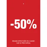 Etiquette à trou -50% rouge blanc 50x70mm - Etiquette soldes - Lot de 250