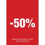 Etiquette à trou -50% rouge blanc 50x70mm - Etiquette soldes - Lot de 250