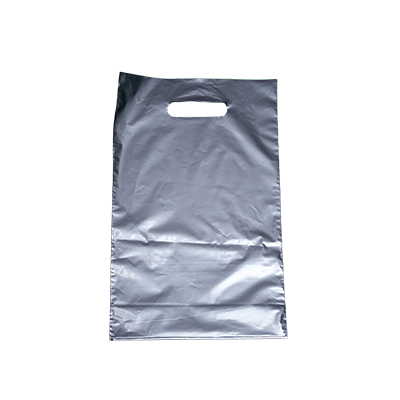 Sac plastique PEBD argent poignées découpées 25+4x38cm 55µ – Paquet de 100