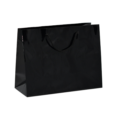 Sac pelliculé noir brillant poignées cordelette 22,9 + 9,8  x 17,8 cm - Paquet de 20