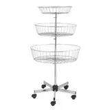 Présentoir 3 paniers ronds sur roulettes - Panier de présentation fil métal chromé H 120cm