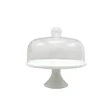 Cloche à gâteau en verre sur pied céramique ø 23 x H 24 cm - Présentoir gâteau sur pied - Blanc