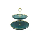 Présentoir à gâteaux 2 niveaux en céramique ø 25,5 / 20 x H 25 cm – Serviteur à gâteaux - Vert / Or