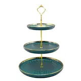 Présentoir à gâteaux 3 niveaux en céramique ø 25,5 / 20 / 15 x H 37 cm – Serviteur à gâteaux - Vert / Or