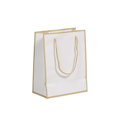 Sacs pelliculés - blanc liseré or - petit modèle - Sacs pelliculés unis, poignées cordelette