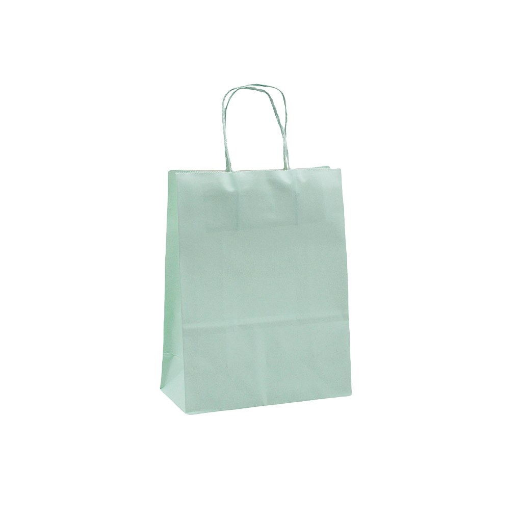 Sac kraft vert pastel à poignées torsadées 16+8x22cm 120g/m² (x50)