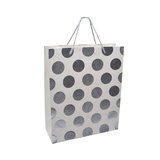 Sac pelliculé blanc pois embossés argent poignées cordelette argentées 26 x 10 x 32 cm – Paquet de 20