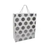Sac pelliculé blanc pois embossés argent poignées cordelette argentées 26 x 10 x 32 cm – Paquet de 20