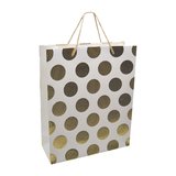 Sac pelliculé blanc pois embossés or poignées cordelette dorées 26 x 10 x 32 cm – Paquet de 20