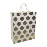 Sac pelliculé blanc pois embossés or poignées cordelette dorées 26 x 10 x 32 cm – Paquet de 20