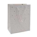 Sacs pelliculés blancs embossés fleurs pois or poignées cordelette 18+10x23 cm 210g/m² – Paquet de 20