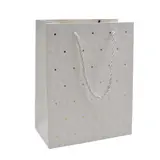 Sacs pelliculés blancs embossés fleurs pois or poignées cordelette 18+10x23 cm 210g/m² – Paquet de 20