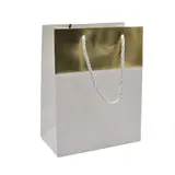 Sacs pelliculés blancs embossés bandeau or poignées cordelette 12+7x15 cm 210g/m² – Paquet de 20