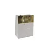 Sacs pelliculés blancs embossés bandeau or poignées cordelette 12+7x15 cm 210g/m² – Paquet de 20