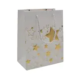 Sacs pelliculés blancs embossés étoiles or poignées cordelette 18+10x23 cm 210g/m² – Paquet de 20