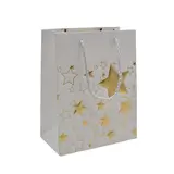 Sacs pelliculés blancs embossés étoiles or poignées cordelette 18+10x23 cm 210g/m² – Paquet de 20