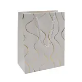 Sacs pelliculés blancs embossés vagues or poignées cordelette 18+10x23 cm 210g/m² – Paquet de 20