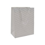 Sacs pelliculés blancs embossés pois or poignées cordelette 18+10x23 cm 210g/m² – Paquet de 20