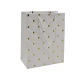 Sacs pelliculés blancs embossés losanges or poignées cordelette 18+10x23 cm 210g/m² – Paquet de 20